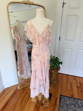 WAYF Floral Wrap Midi Dress Small Pink Ruffle Wedding Guest